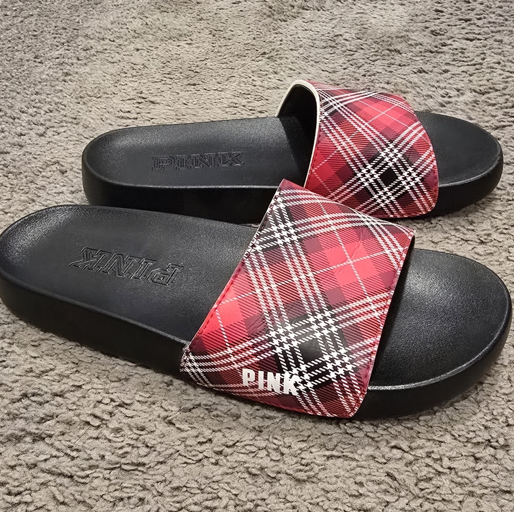 Victoria Secret PINK Single Strap Slides Red Plaid Womens Medium Size 8/9